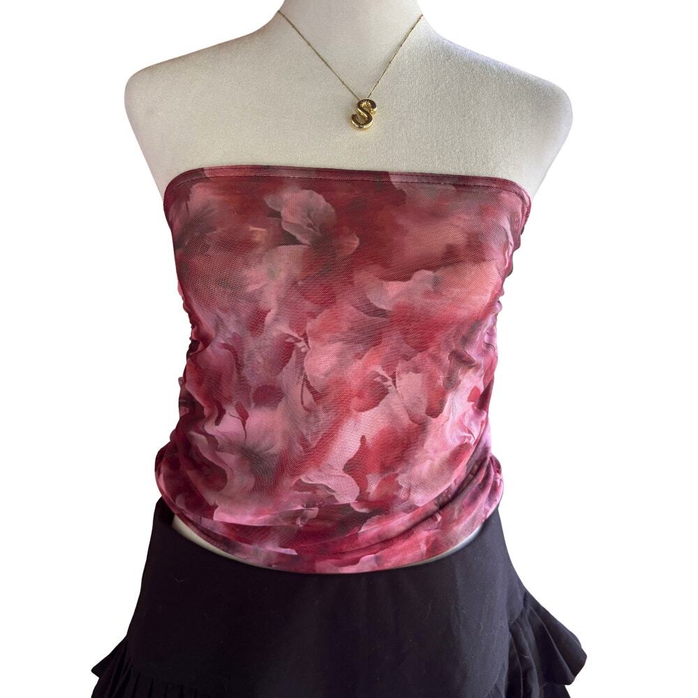 Mesh Floral Print Ruched Tube Top Pink Rose Peony Size S